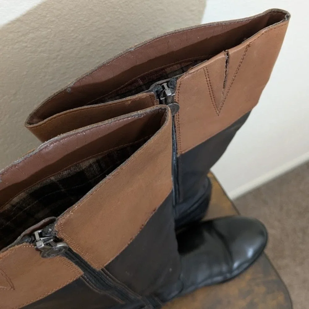 Franco Sarto Tall‎ Riding Boots Black Brown Leather Crest Detail Women US 8