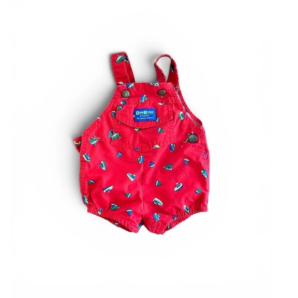 OshKosh Bgosh VTG Red Sailboat Print Overalls Nautical Baby 6-9‎ MonthsM