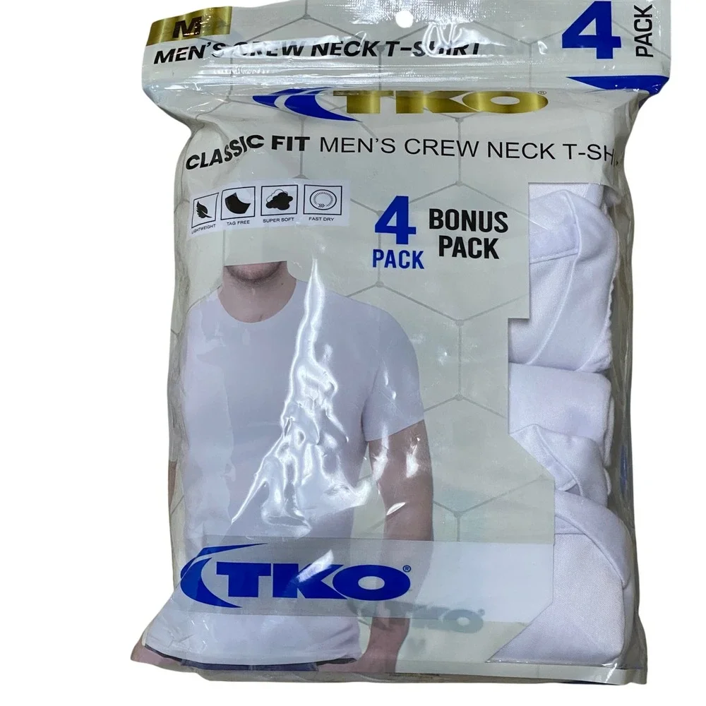 TKO Mens Crew Neck T-Shirt‎ 4 Pack Classic Fit White Polyester Size Medium NWT