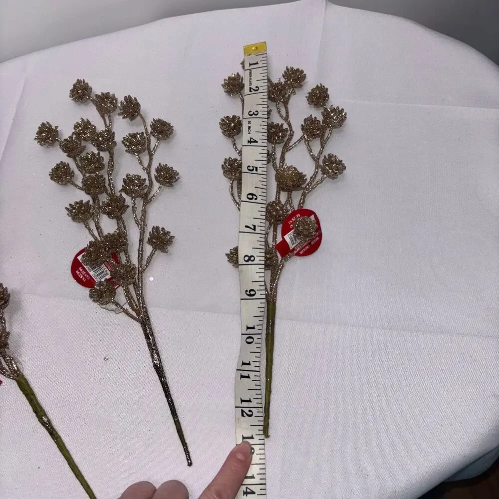 Glittery Gold Artificial Pine Cone Stems - Lot of 3