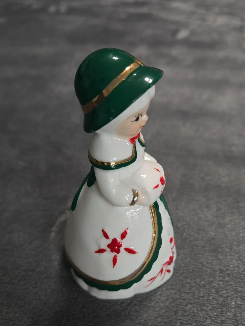 Vintage Christmas Winter Porcelain Lady Bell Green/White/Red