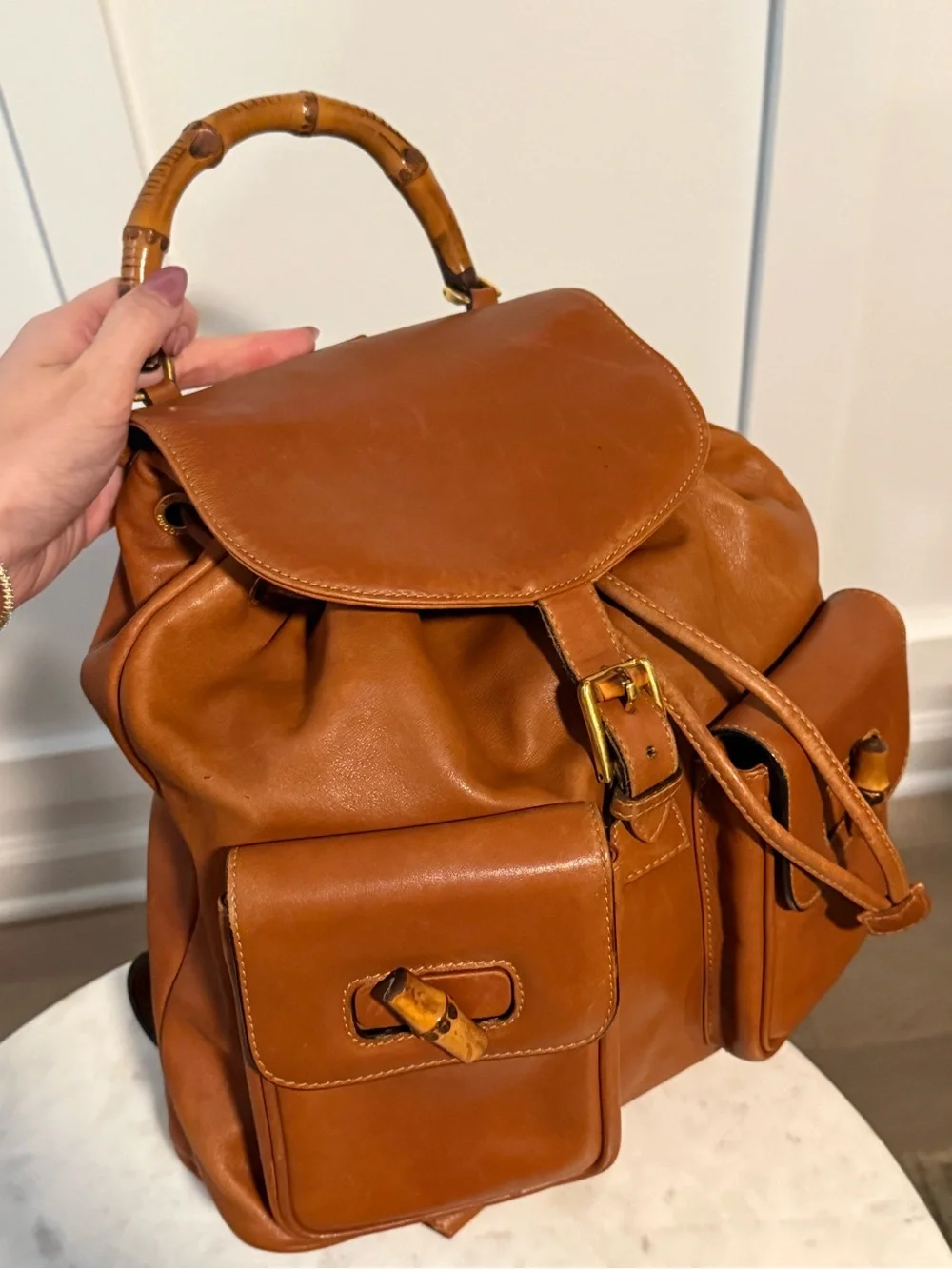 VINTAGE Gucci Brown Bamboo-Handle Leather Backpack