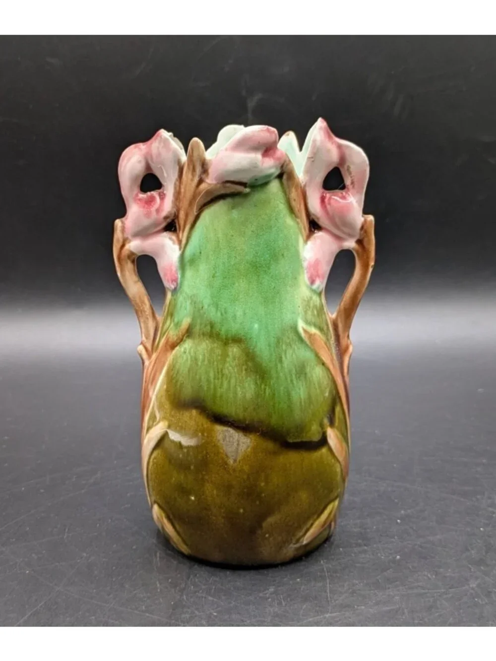 Antique Art Nouveau French Majolica Barbotine Naturalistic Floral Vase 5.5”