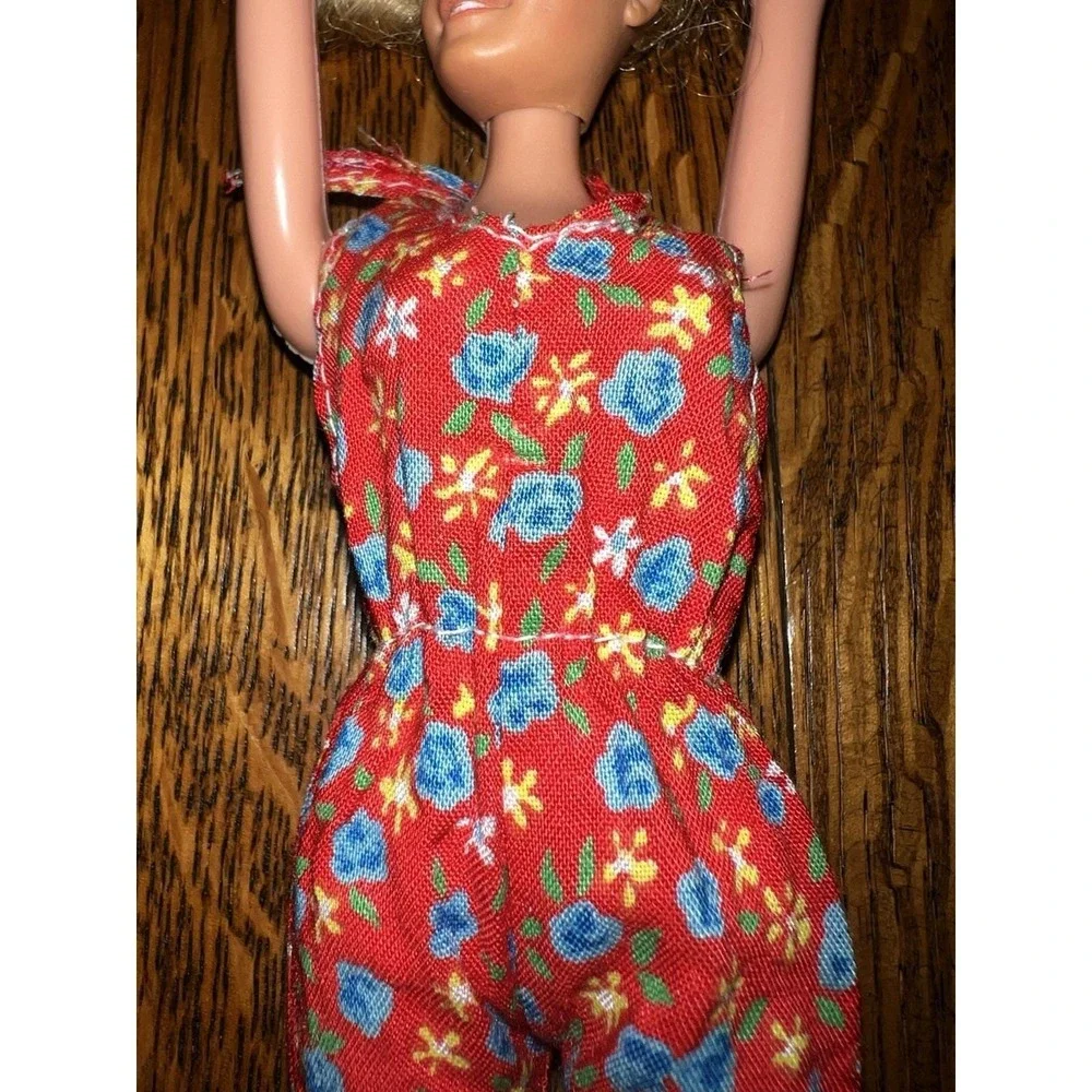 VTG 1970s Barbie Style Red Floral Jumpsuit Handmade 70s Doll Clothes OOAK EUC