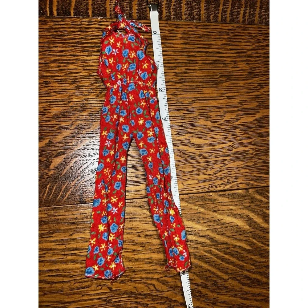 VTG 1970s Barbie Style Red Floral Jumpsuit Handmade 70s Doll Clothes OOAK EUC