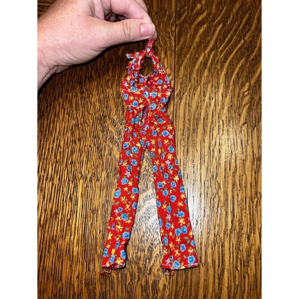 VTG 1970s Barbie Style Red Floral Jumpsuit Handmade 70s Doll Clothes OOAK EUC
