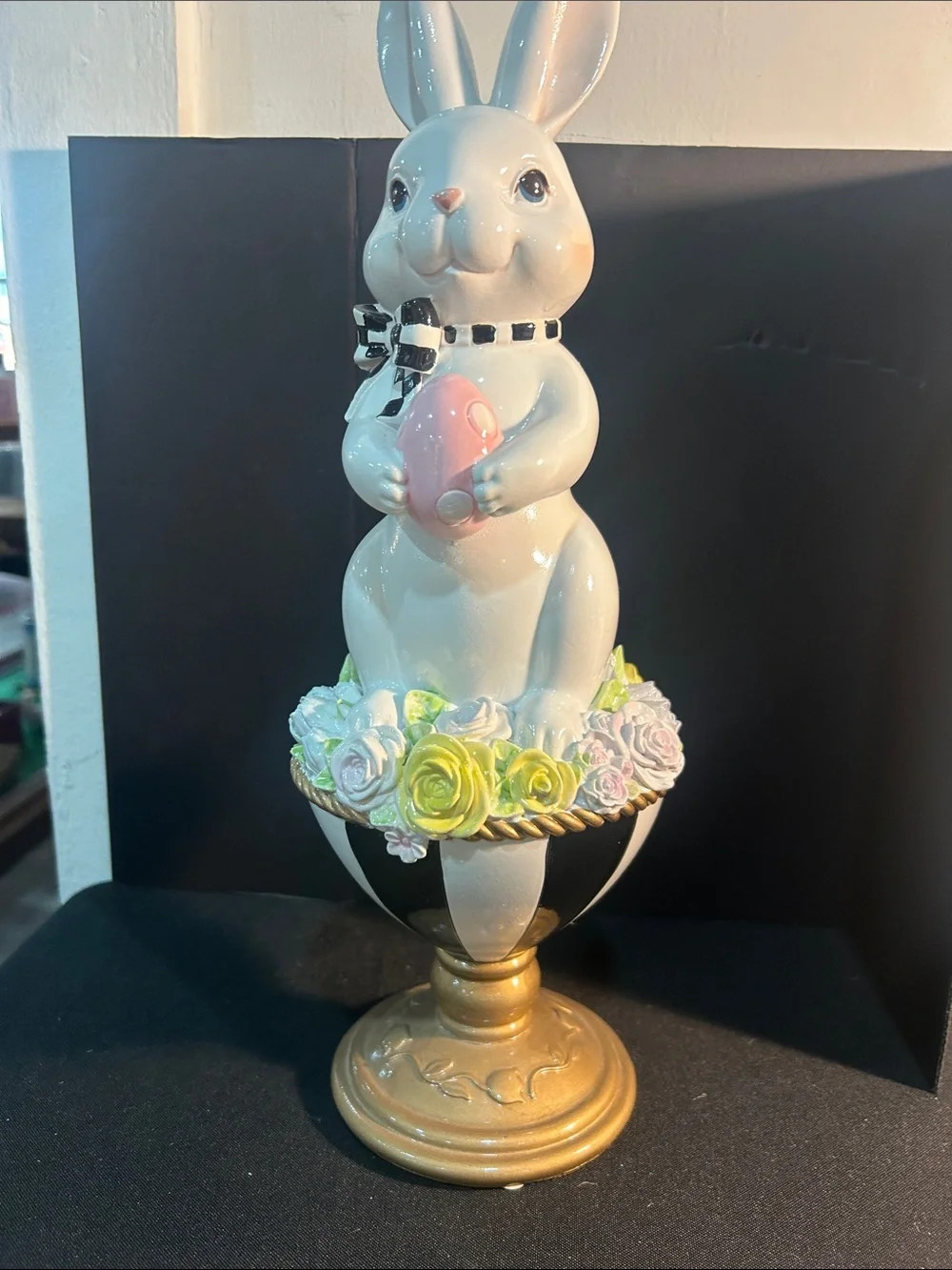 White Ceramic Bunny Figurine with Pink Egg and Gold Base -