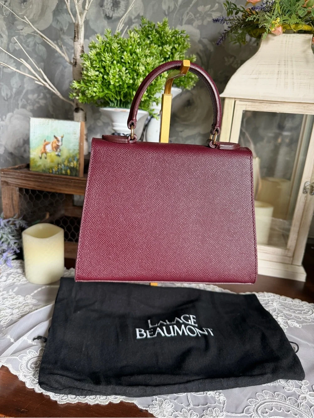 Lalage Beaumont Wine Fonteyn Mignon Leather Top-Handle Leather Satchel Purse Bag