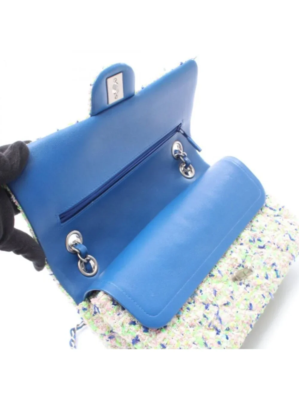 Chanel Shoulder Bag Quilted Double Flap Blue Yellow Green Leather Chain