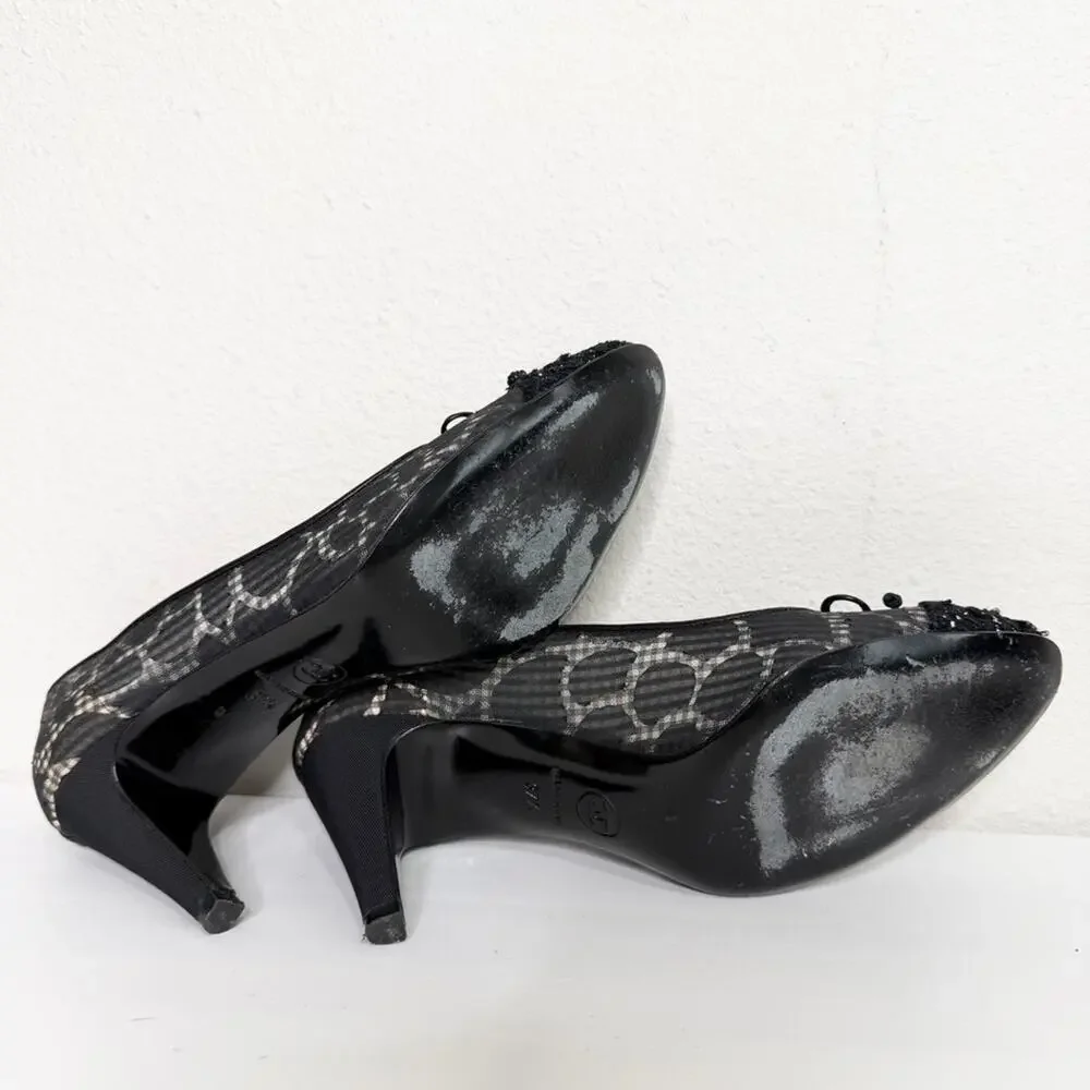 Chanel Black Mesh Tweed Cap Toe Bow Pumps Heels 37.5