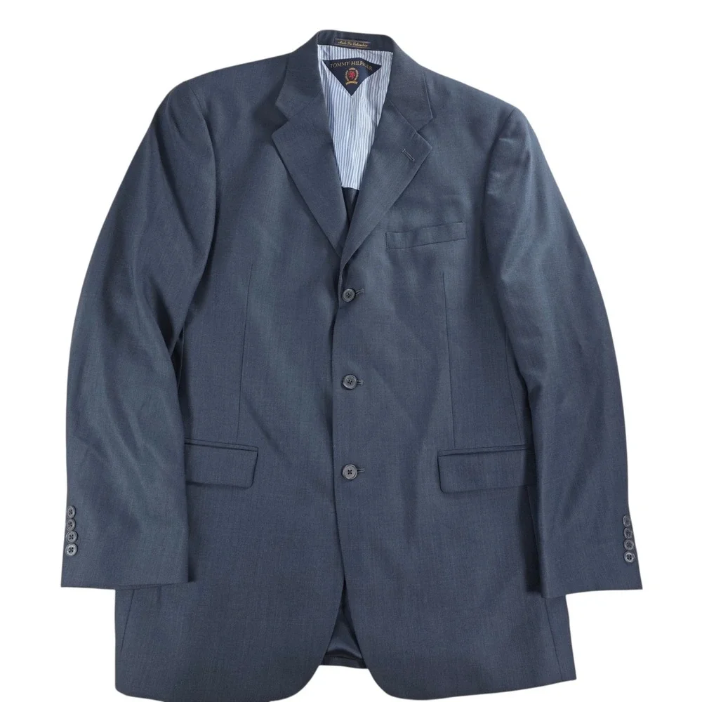 Tommy Hilfiger Worsted Wool 3-Button Navy Blue Blazer Jacket 42L Mens Navy 42L