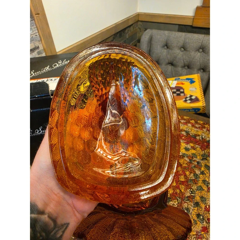 L.E. Smith Amber Glass Turkey Dish Vintage Lidded Jar