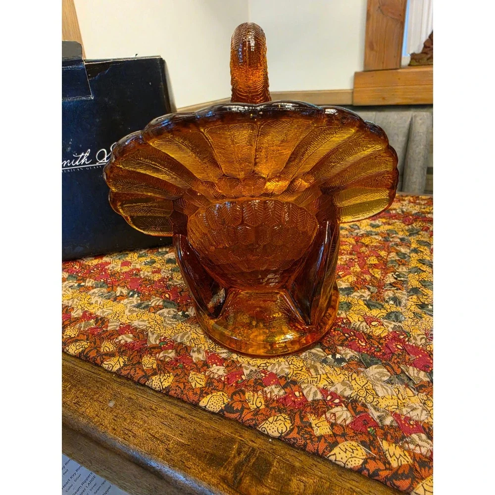L.E. Smith Amber Glass Turkey Dish Vintage Lidded Jar