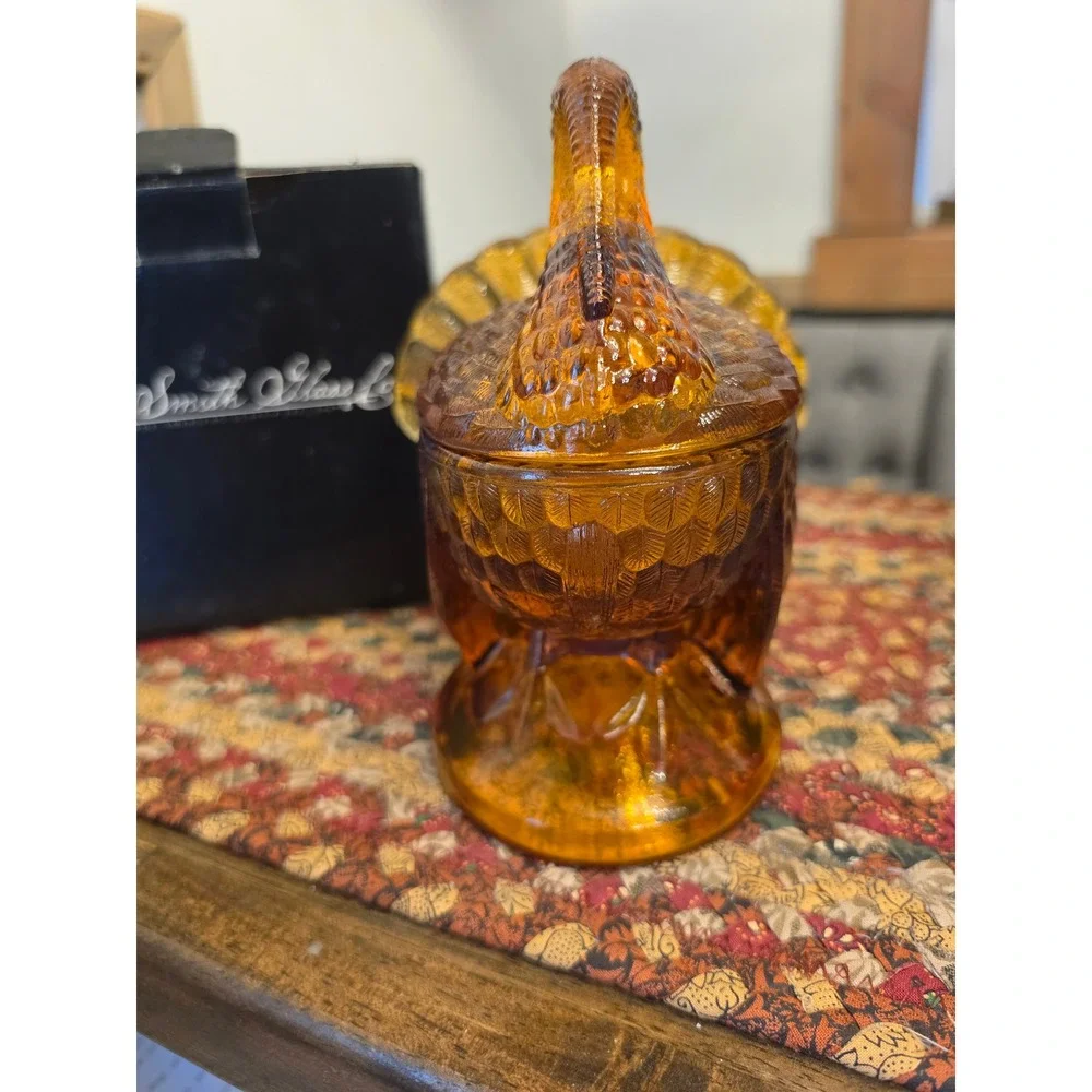 L.E. Smith Amber Glass Turkey Dish Vintage Lidded Jar