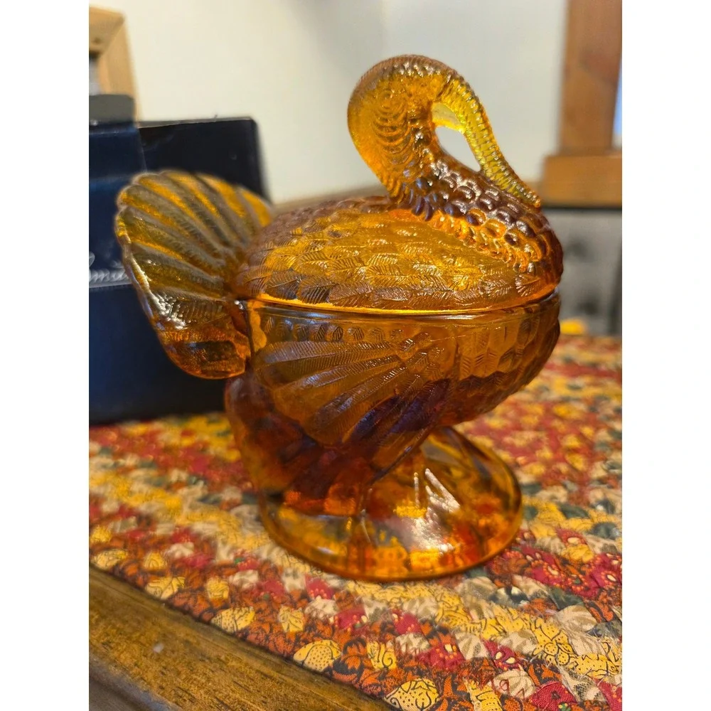 L.E. Smith Amber Glass Turkey Dish Vintage Lidded Jar