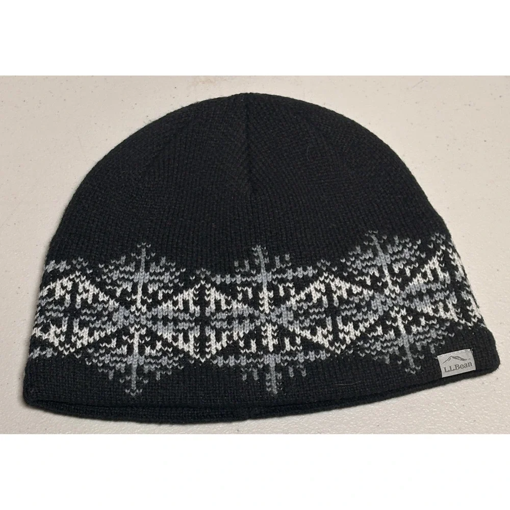 LL Bean Boundless Beanie Womens‎ Midnight Black Snow Fair Isle Snowflake NWT