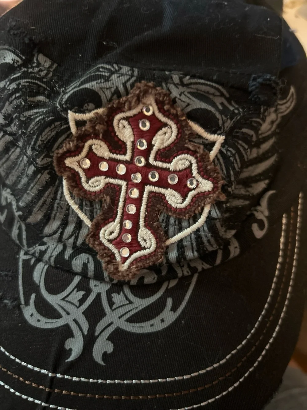 Vintage Womens Leader Hat Cap Bling Distressed Cross Angel Wings Y2K Goth Edgy