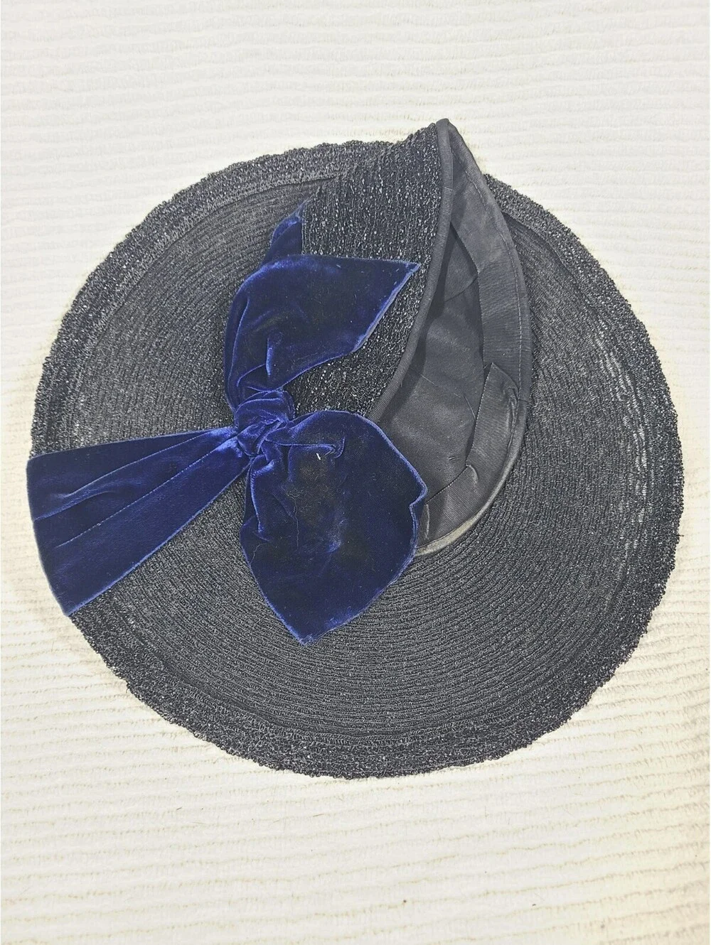 Vintage 1940s Saucer Hat Black Woven Straw Blue Silk Velvet Cloche Tilt Unique