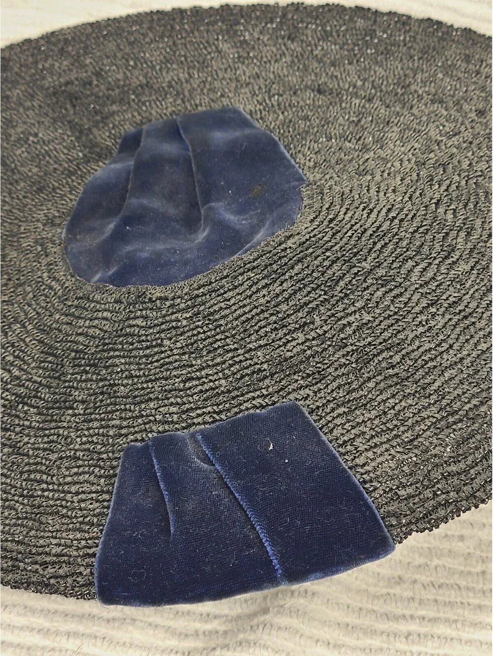Vintage 1940s Saucer Hat Black Woven Straw Blue Silk Velvet Cloche Tilt Unique