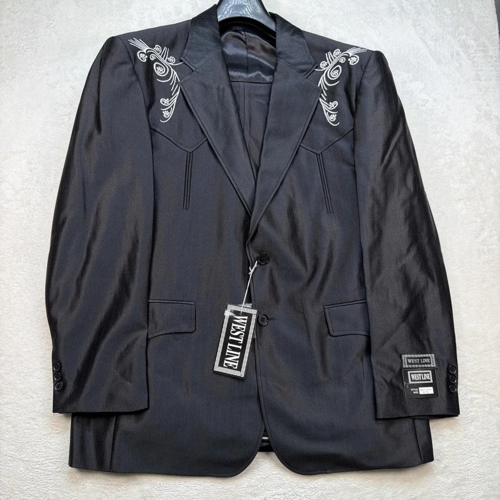 Vintage Western Suit Mens 46R 38 Cowboy Stage Embroidered Rockabilly Black