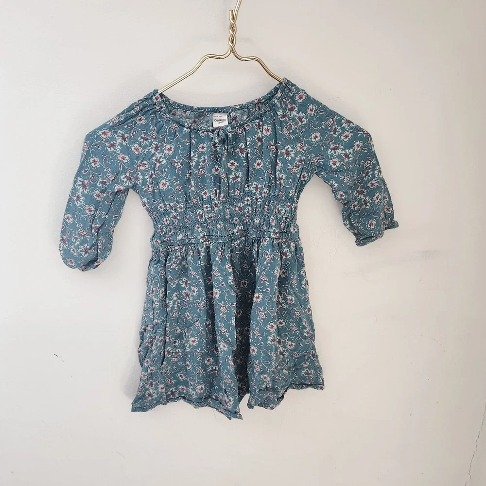 OshKosh B'gosh Girls‎ Blue Floral Print Smocked Waist Dress Size 4/4A