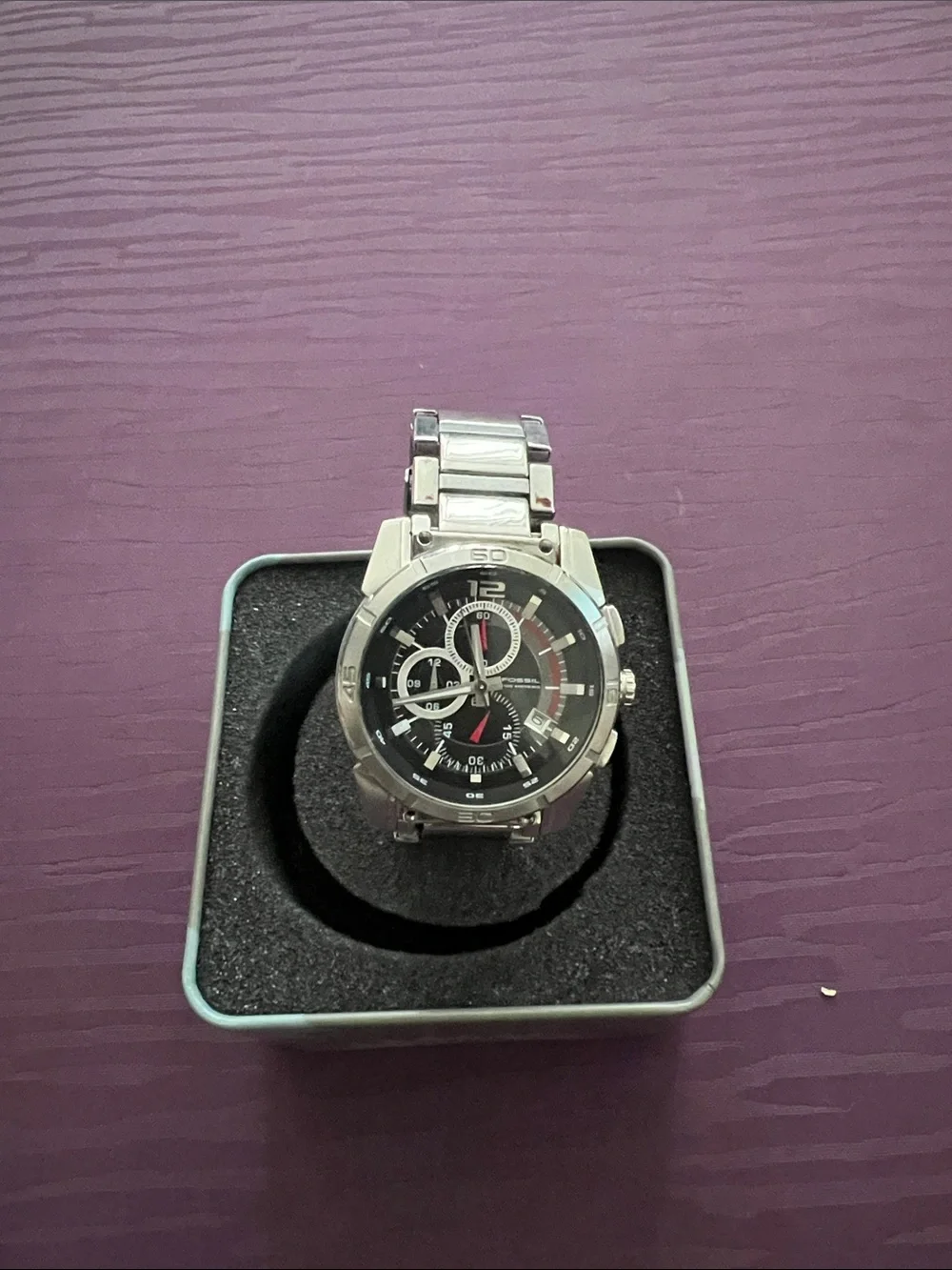 Fossil Silver Stainless Steel Men’s Watch with Black Dial
