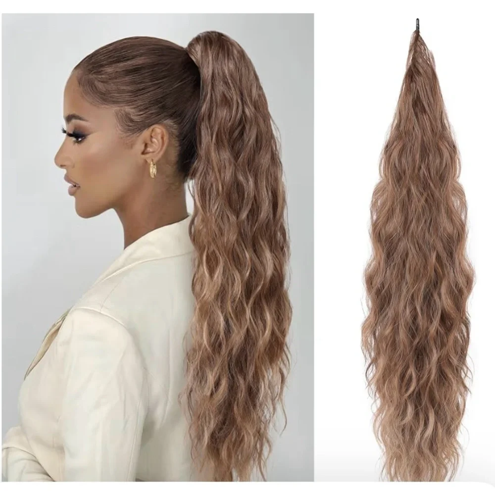 Wrap-Around Wavy Ponytail Extension 26” – Medium Brown with Highlights NEW