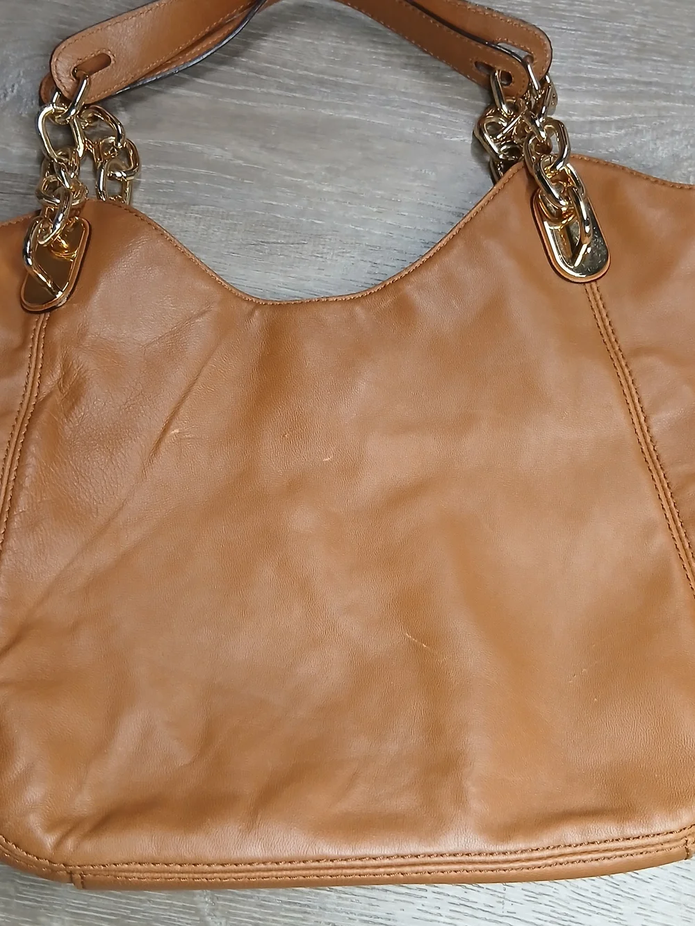 Michael Kors Lilly Brown Nappa Leather Slouchy Shoulder Hobo Bag Tote Gold Chain