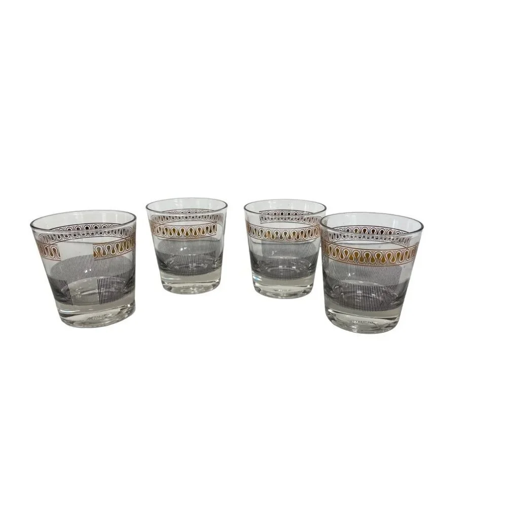 Rocks Glass‎ Dominion Gold Swirl Black Line MCM Vintage SET OF 4