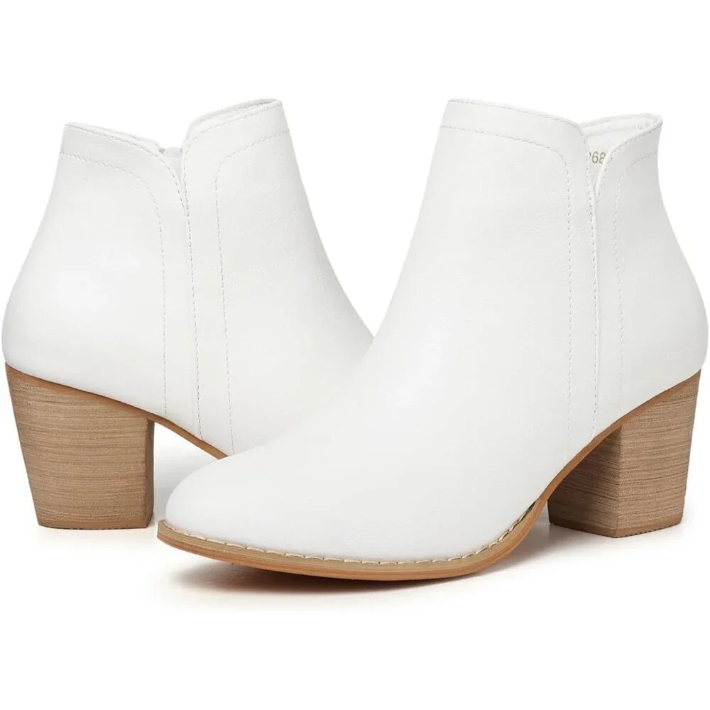 Women's White Pu Ankle Chunky Heeled Almond Toe Short Zipper Faux Suede Booties