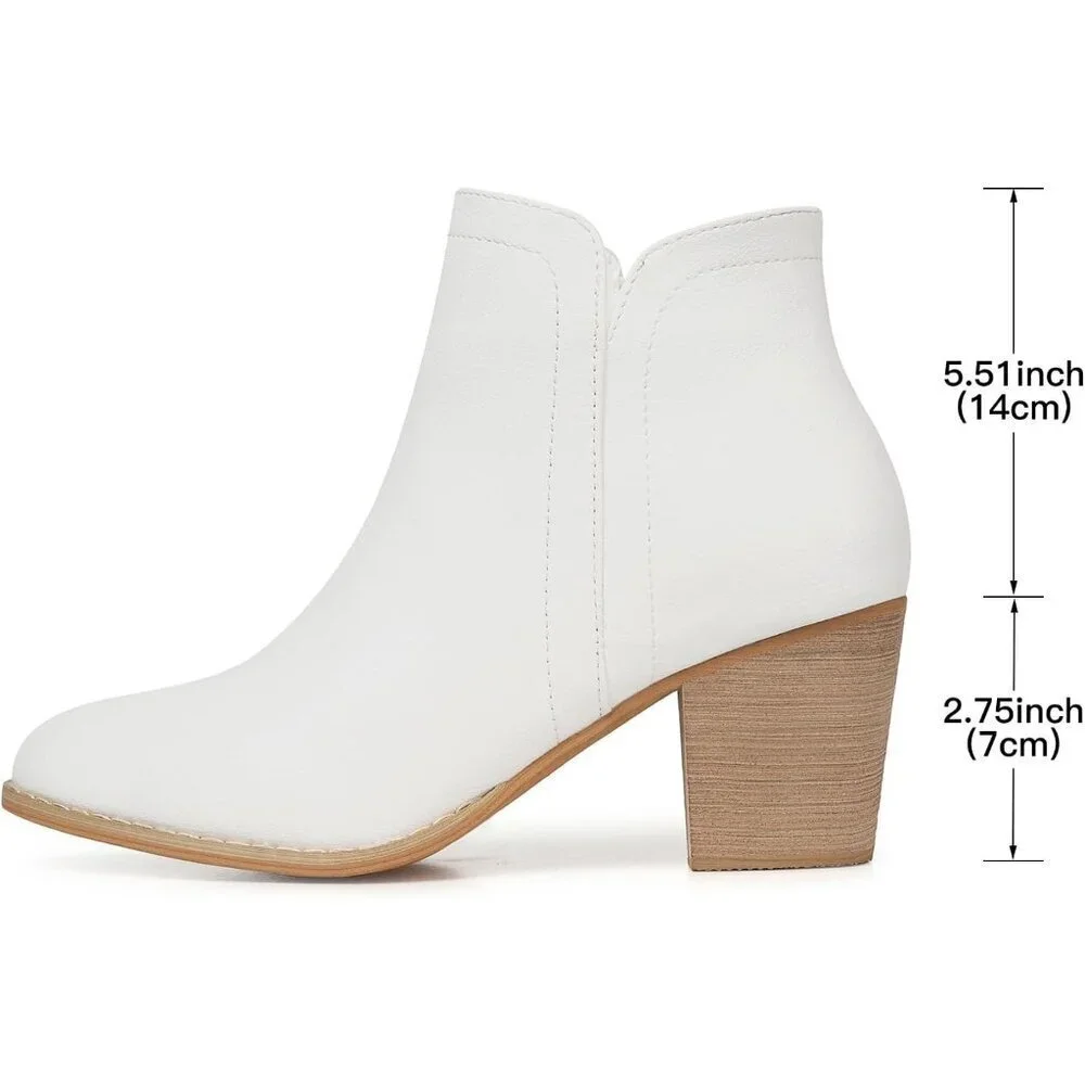 Women's White Pu Ankle Chunky Heeled Almond Toe Short Zipper Faux Suede Booties