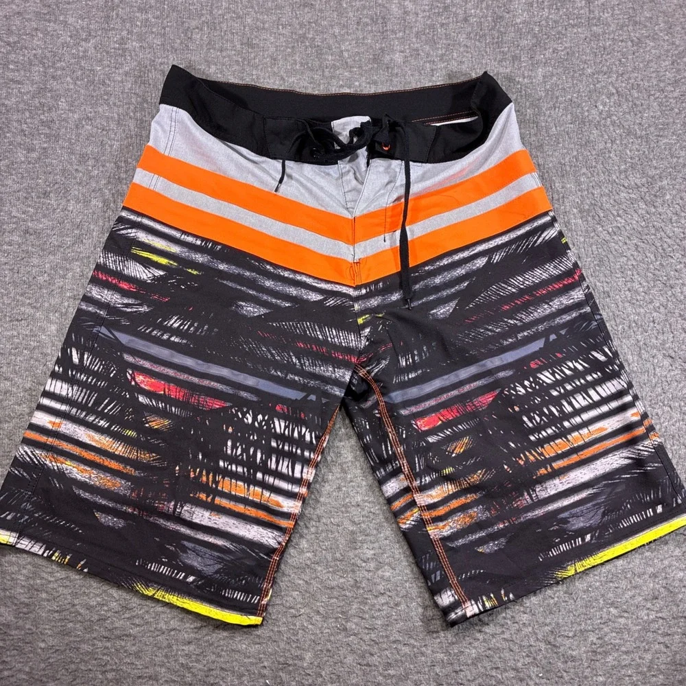 Burnside Board Shorts Mens 34 Black Orange Striped Graphic Print