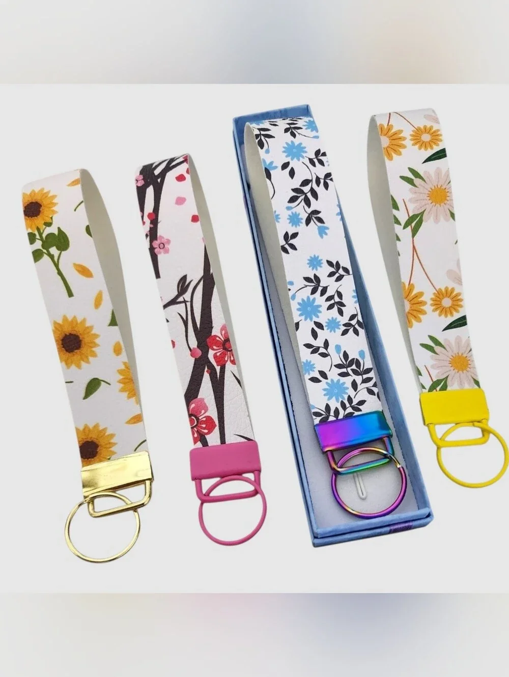 Friendly Floral Wristlet Keychain Fob Set | Gift Box Included- Vegan Leather