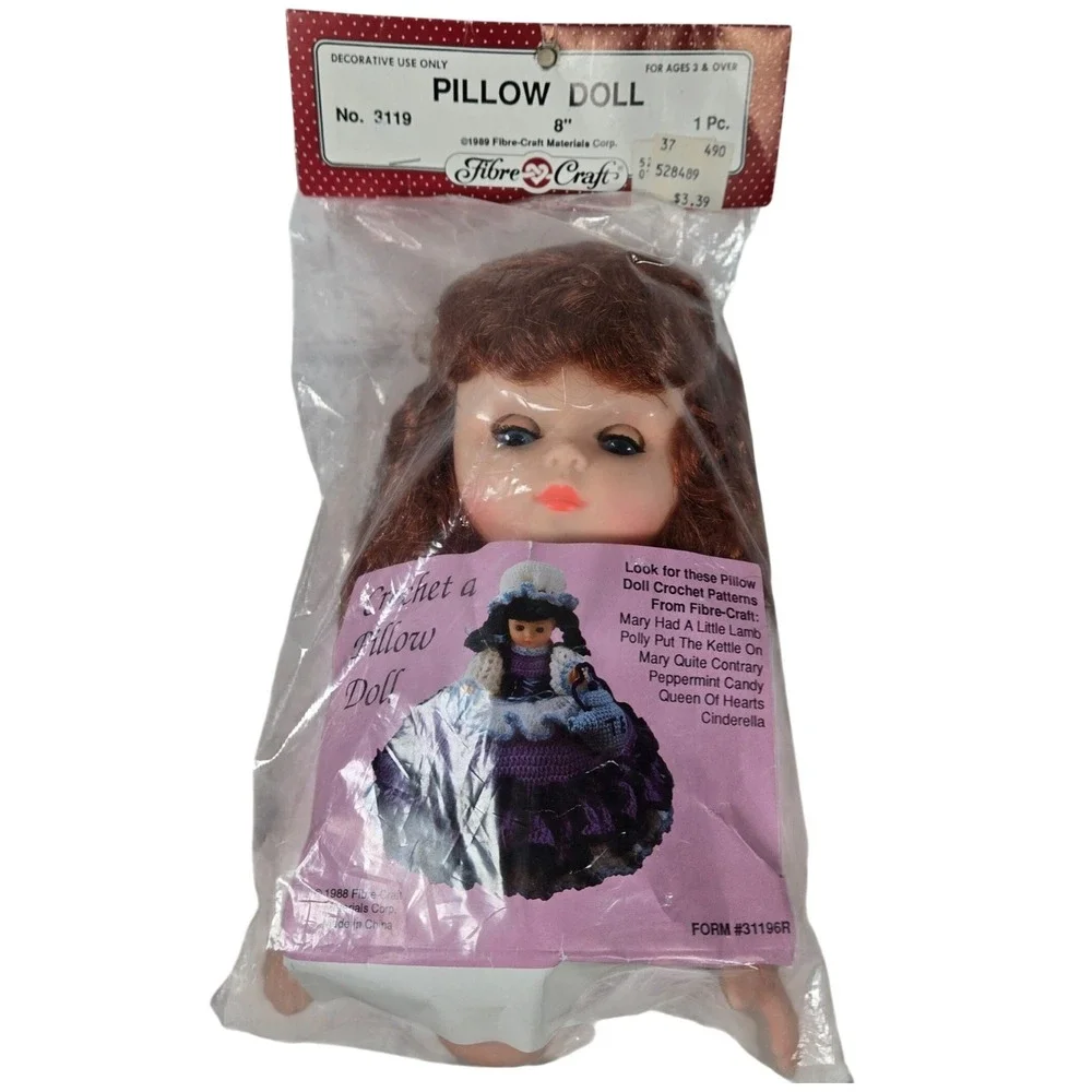 Vintage 1988 Fibre-Craft Pillow Doll 8 Inch Auburn Hair Sleepy Eyes No. 3119 NIP
