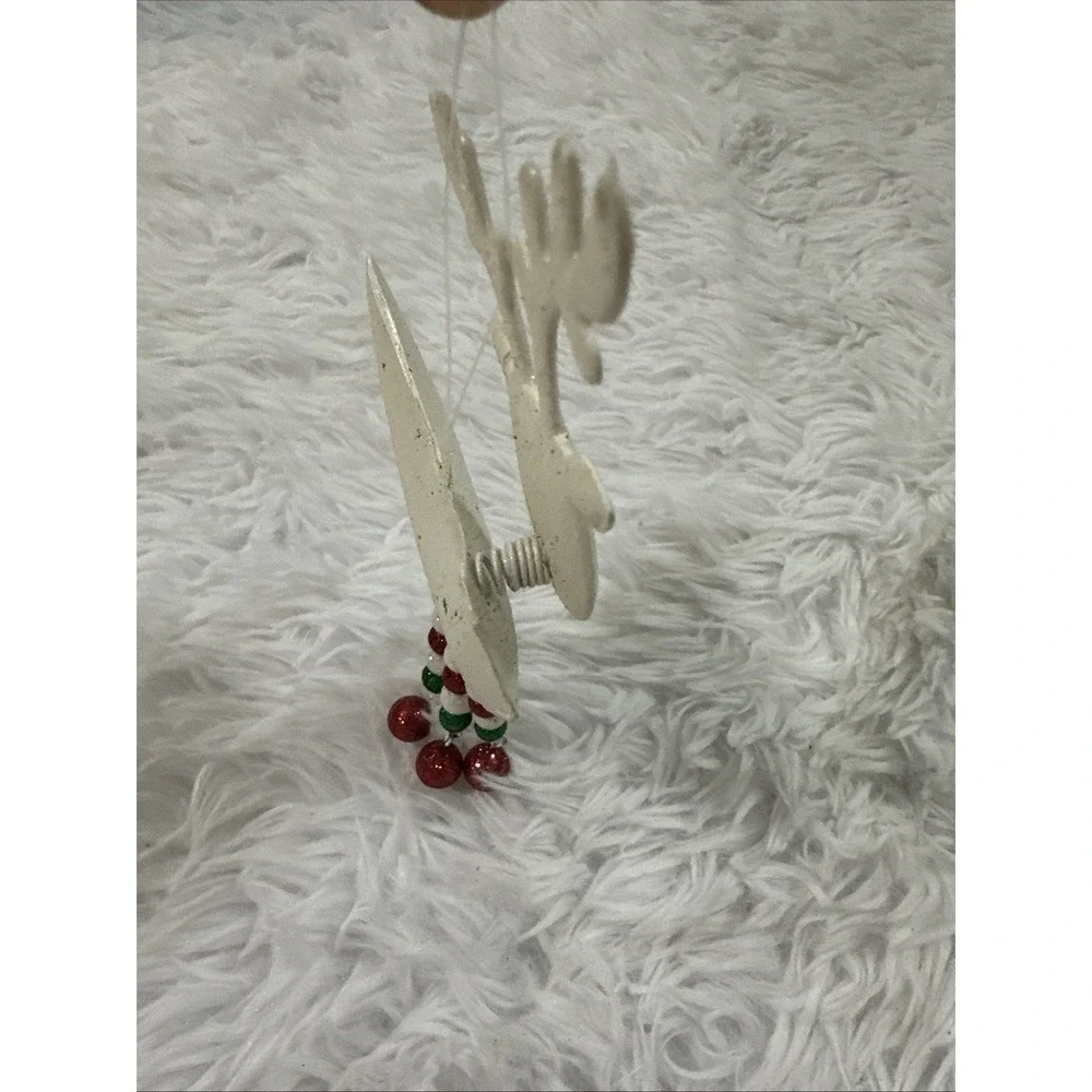 Vintage Pier‎ 1 White Glitter Reindeer Bobble Head Red And White Dangle Legs