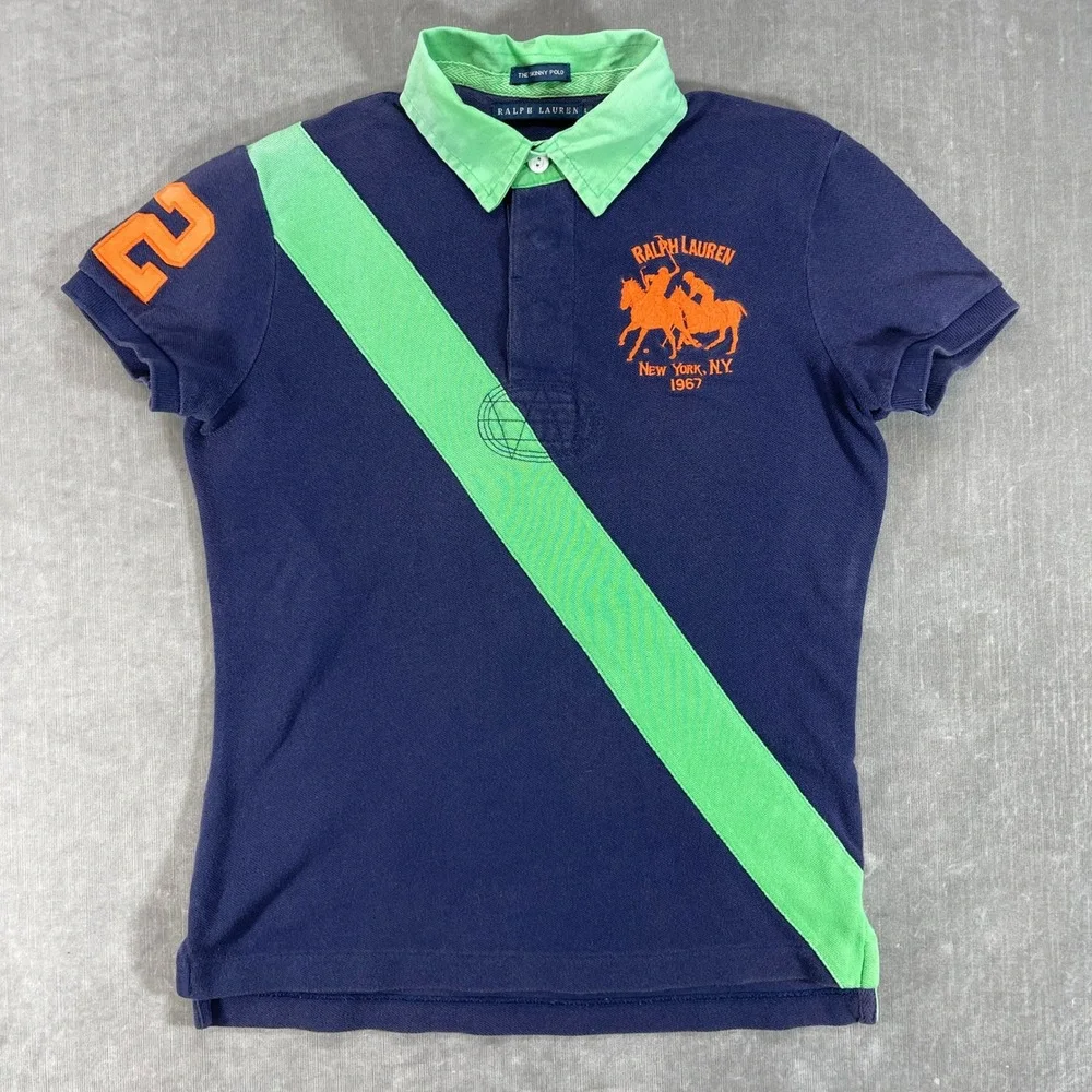 Ralph Lauren Kids Large The Skinny Navy Green Stripe‎ Polo Shirt