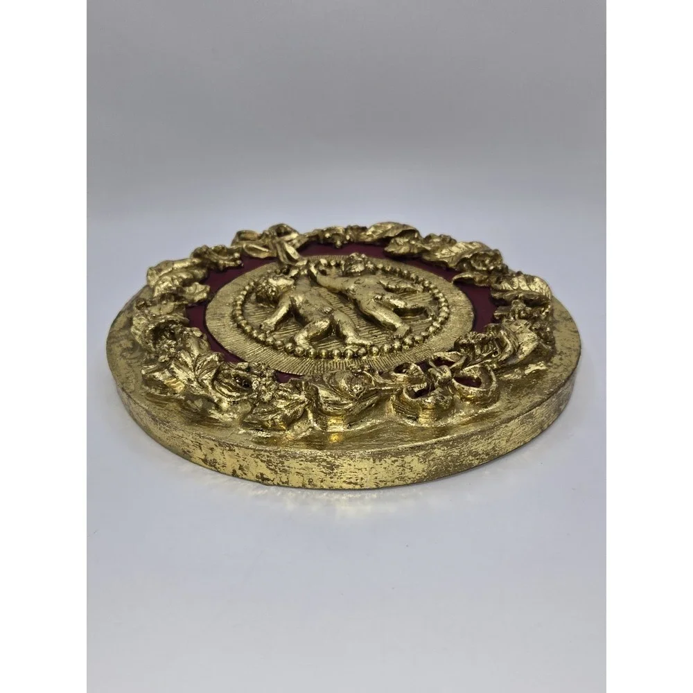 Vintage Cherub Wall Art Gold Gilt Plastic Florentine‎ Style Relief Plaque Decor