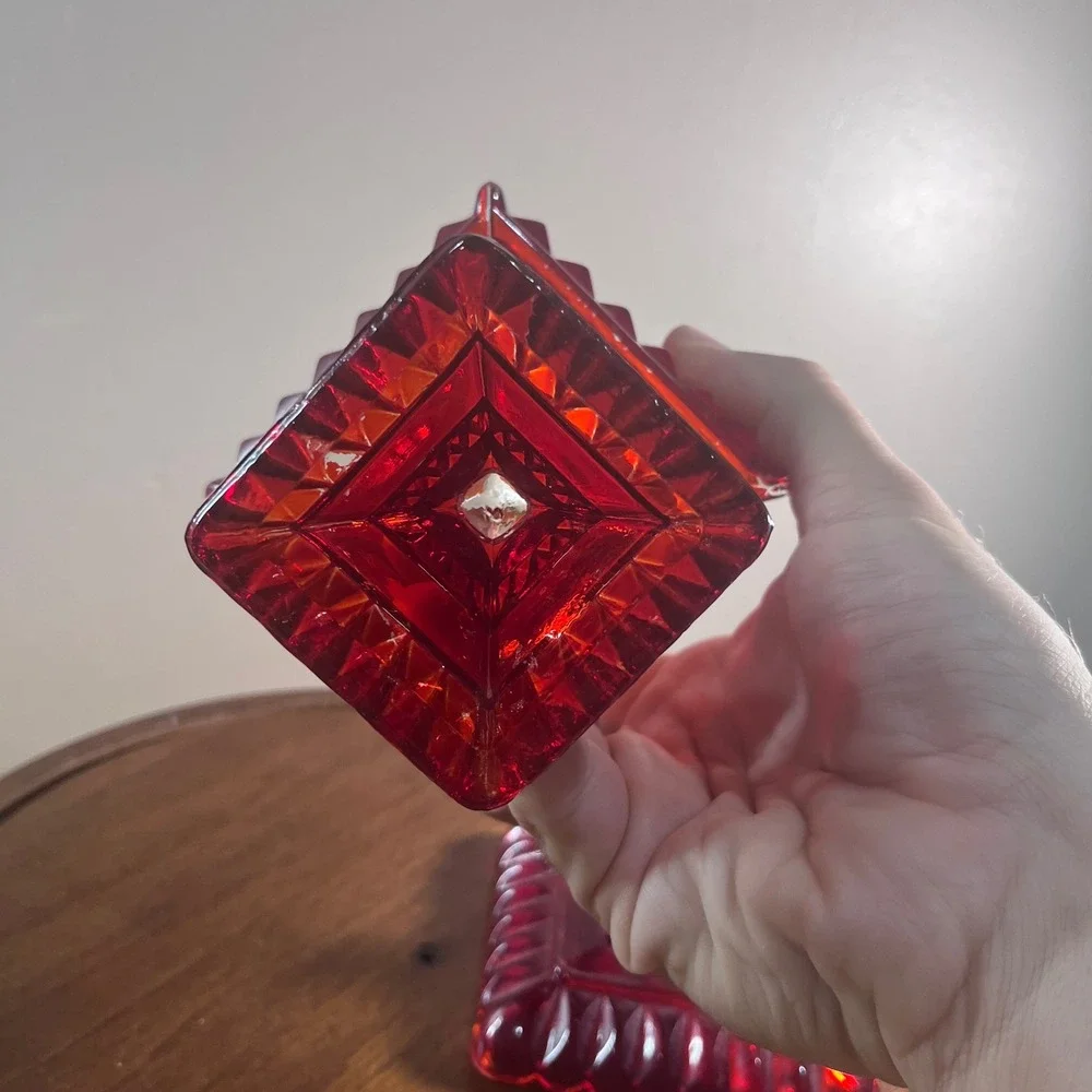 Vtg Jeanette Ruby Red Glass Wedding Cake Box Dish Lidded Footed Pedestal 6.5in