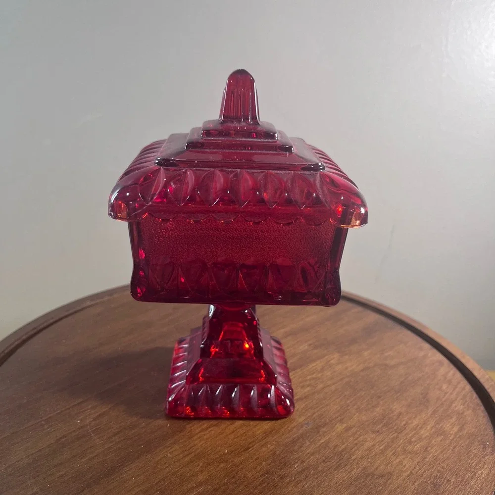 Vtg Jeanette Ruby Red Glass Wedding Cake Box Dish Lidded Footed Pedestal 6.5in