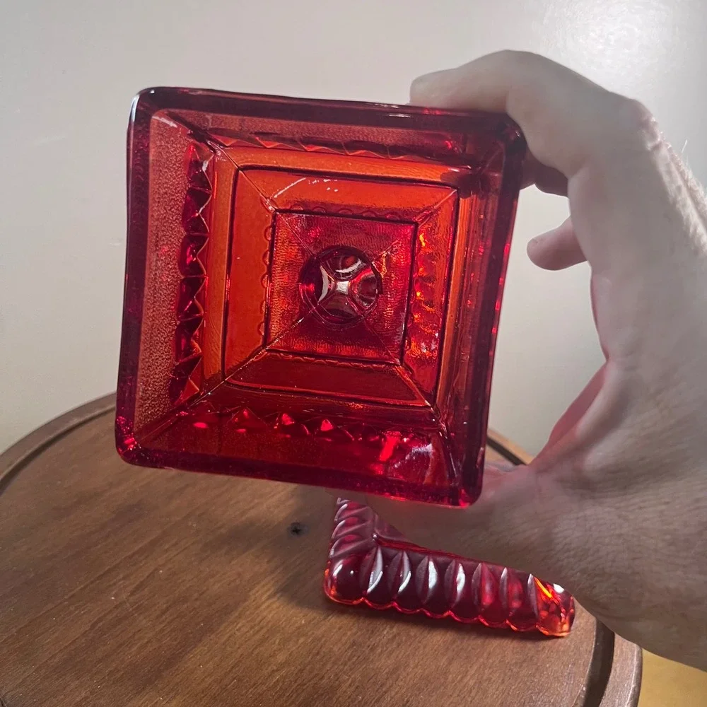 Vtg Jeanette Ruby Red Glass Wedding Cake Box Dish Lidded Footed Pedestal 6.5in