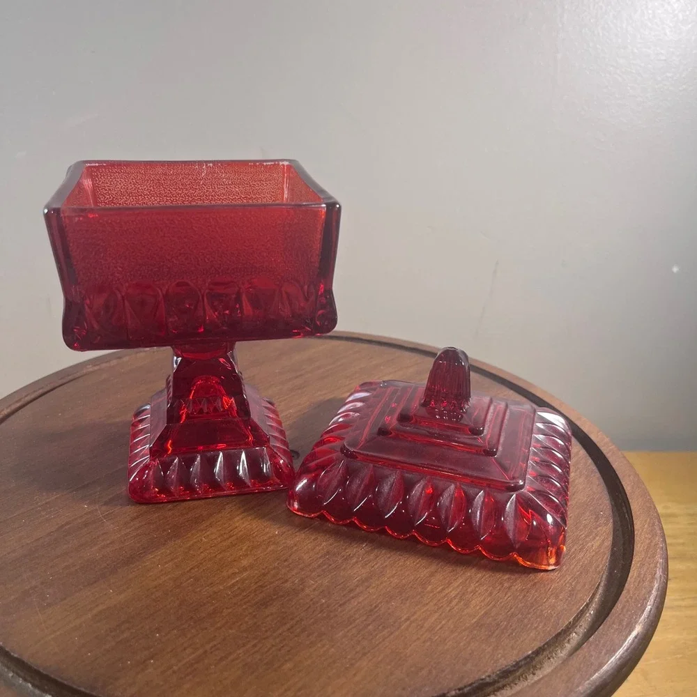 Vtg Jeanette Ruby Red Glass Wedding Cake Box Dish Lidded Footed Pedestal 6.5in