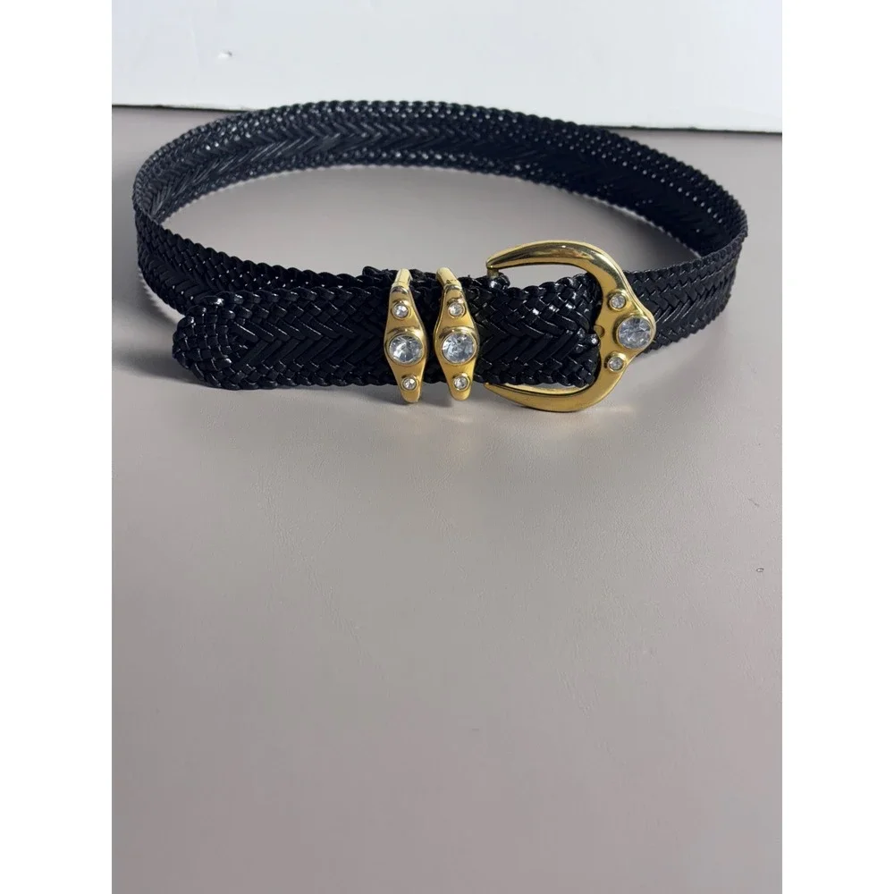 Womens VINTAGE  Black‎ Woven Belt Gold Sparkle Buckle Accent Fashion Accessory