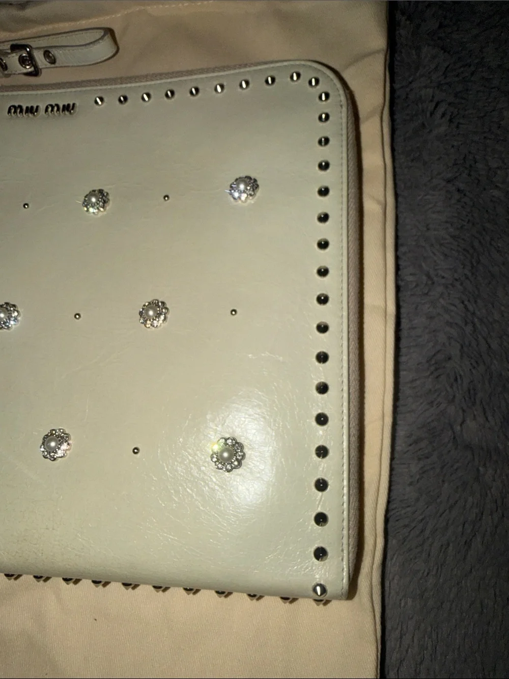 Preloved Miu Miu White Leather Studded Wristlet Clutch great condition