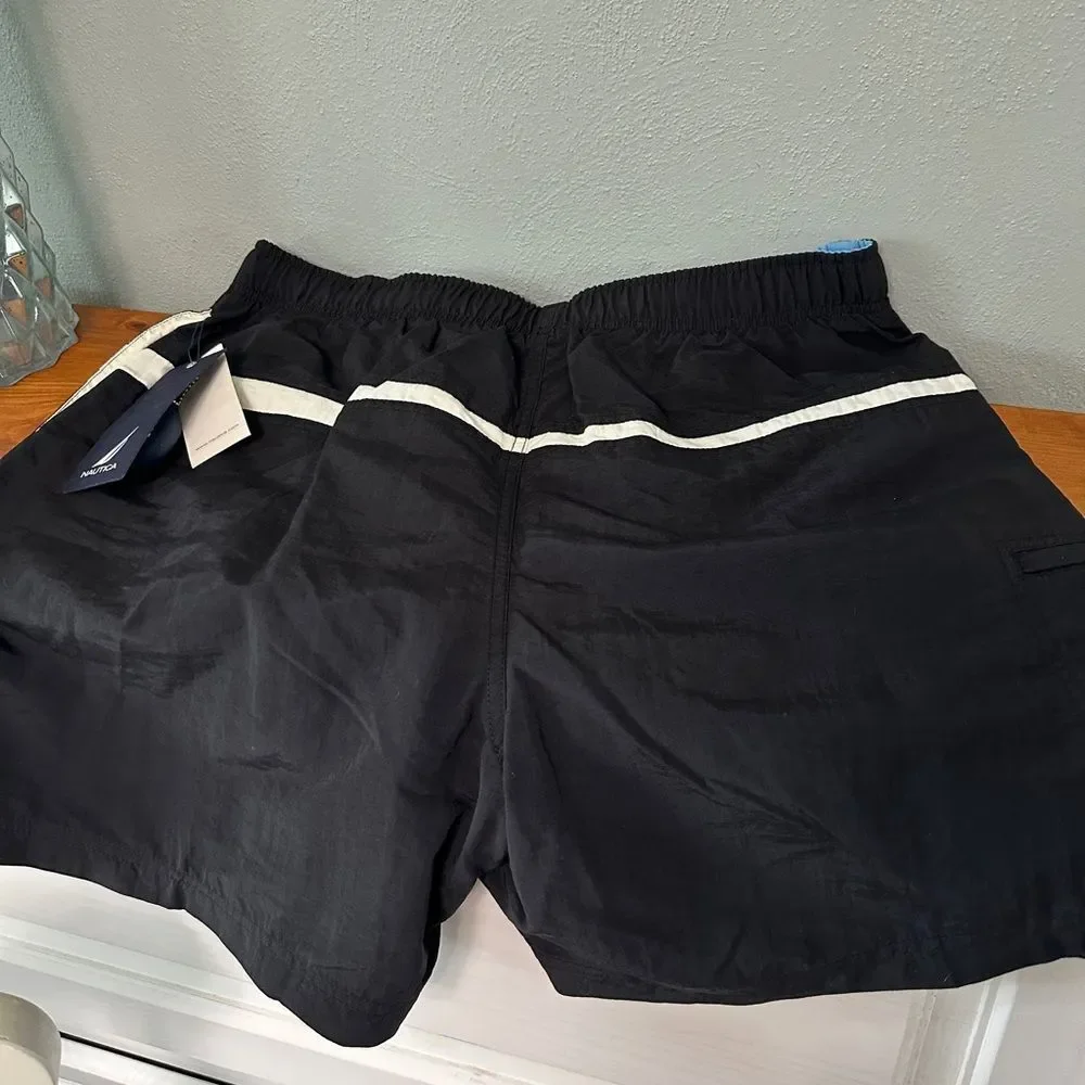 NEW Nautical Men Swim Trunks Black white Stripe Blue Embroidered Nautica Pockets