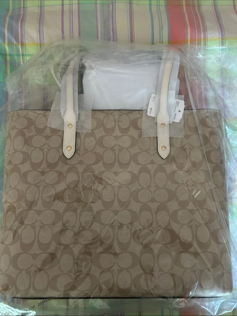 Coach Beige Signature Canvas Tote with Chalk Handles and matching key chain!