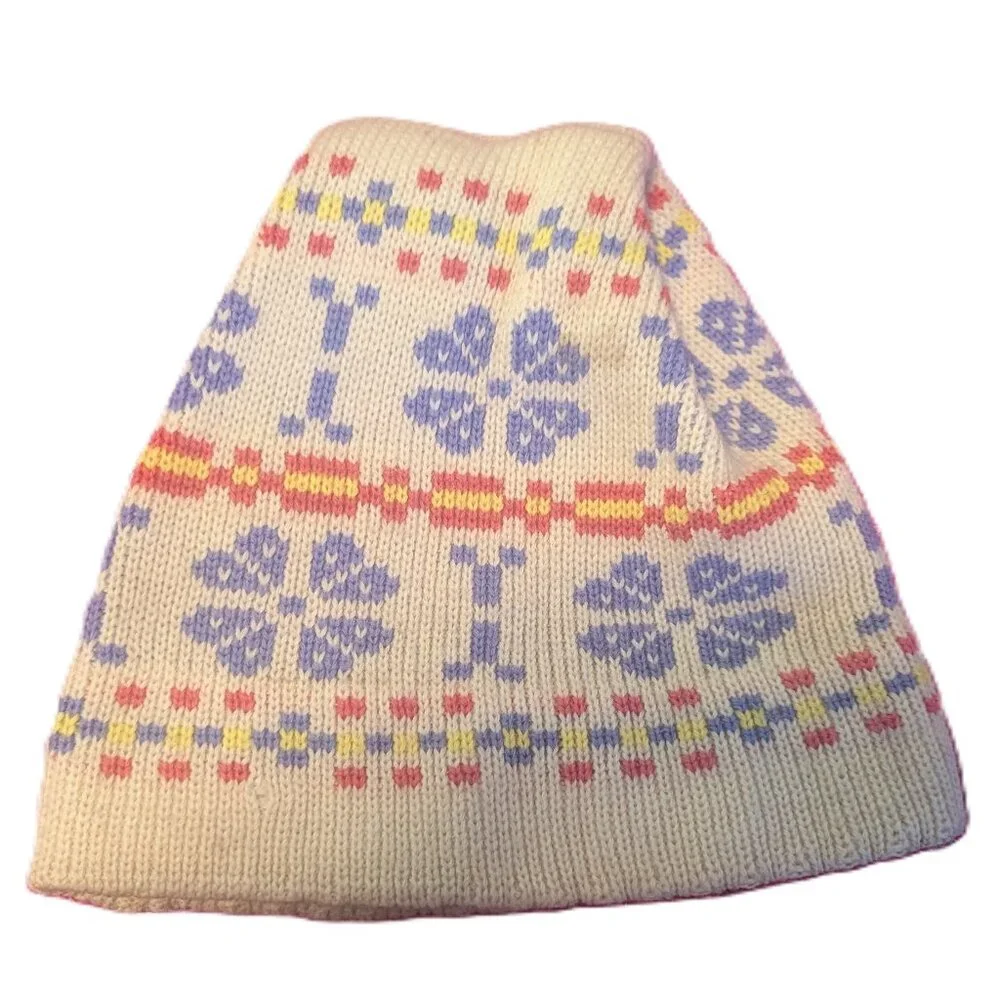 Vintage Smiley Wool Beanie Hat Knit Fair Isle Snow Ski Heritagecore Cottage Core