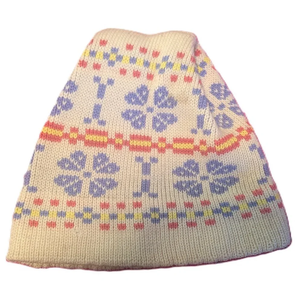 Vintage Smiley Wool Beanie Hat Knit Fair Isle Snow Ski Heritagecore Cottage Core
