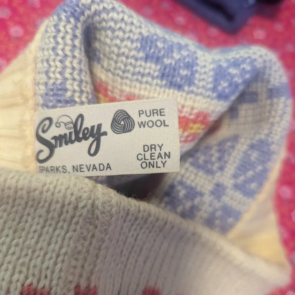 Vintage Smiley Wool Beanie Hat Knit Fair Isle Snow Ski Heritagecore Cottage Core