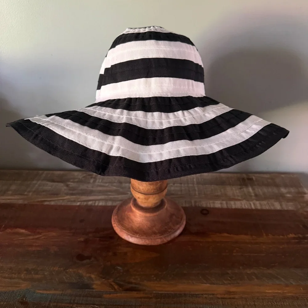 Kallina Sun Hat‎ Black White Striped UPF 50+ Packable Crushable Beachwear Resort