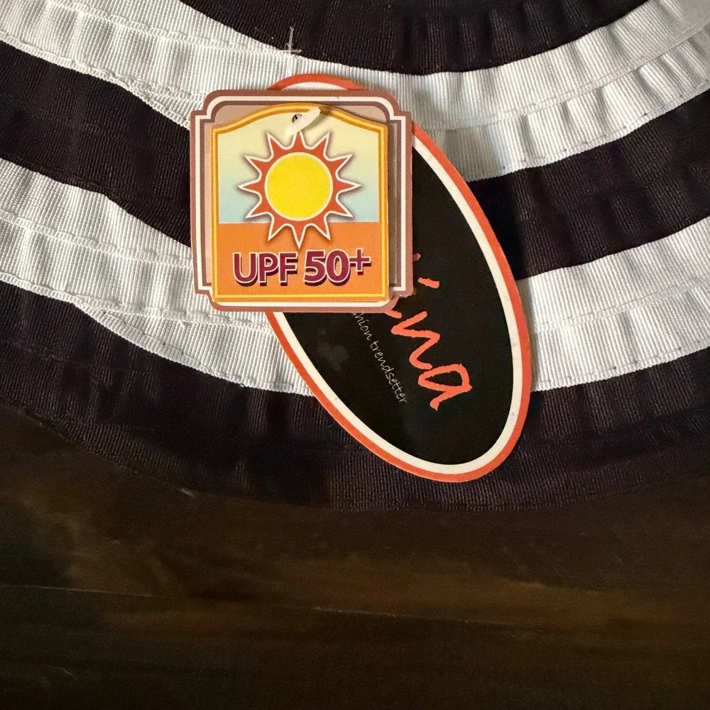 Kallina Sun Hat‎ Black White Striped UPF 50+ Packable Crushable Beachwear Resort
